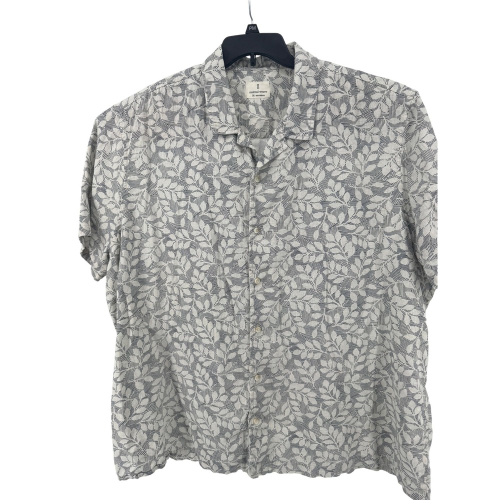 Mutual Weave Shirt Mens 3XL Grey White Linen Blend Leaf Print Camp Collar Summer